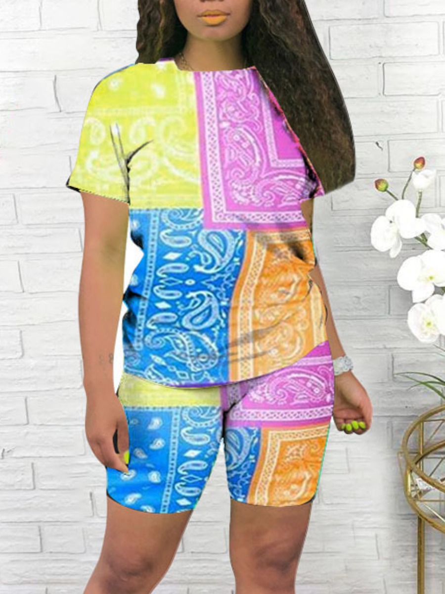 LW Round Neck Cashew Print Shorts Set