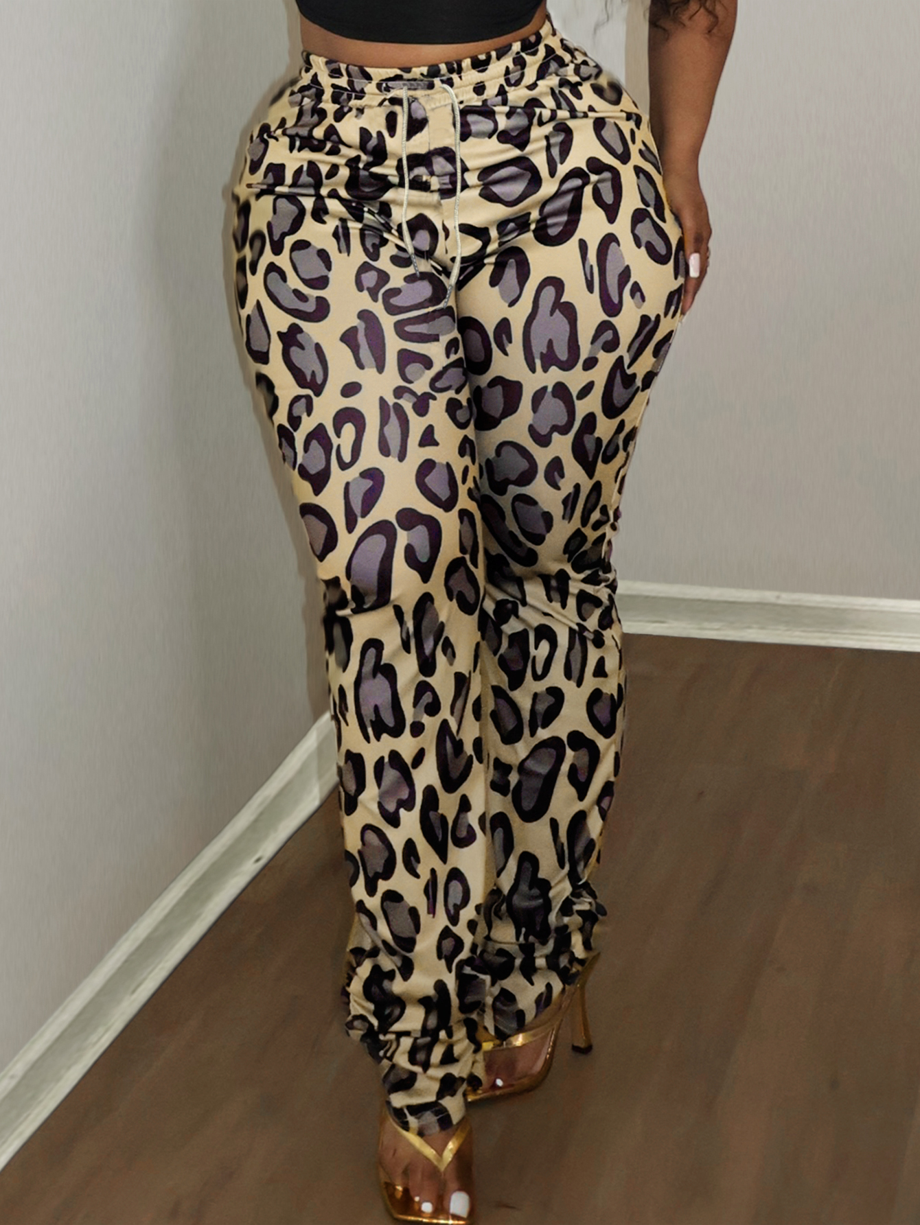 LW BASICS Plus Size Leopard Print Drawstring Stacked Pants