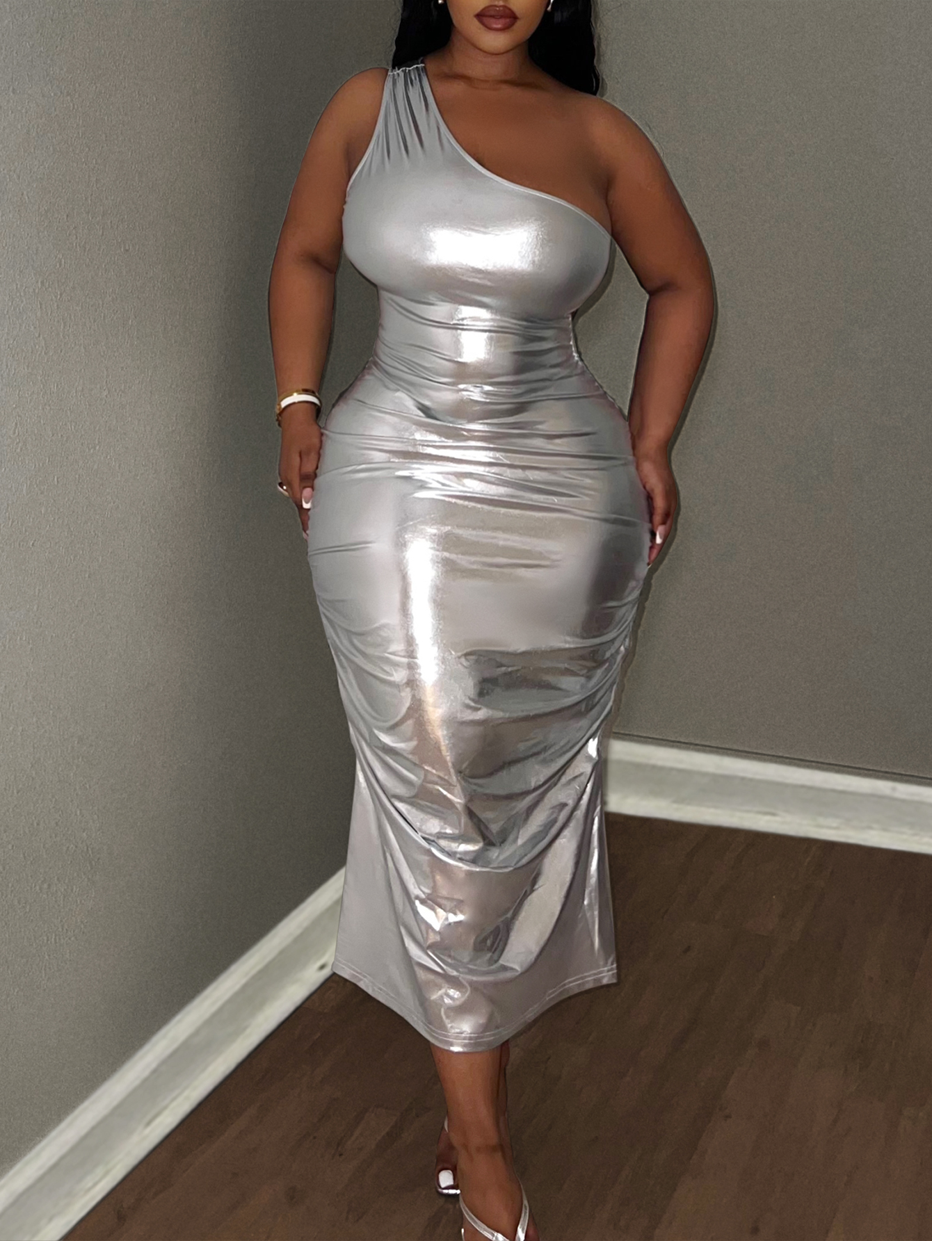 LW BASICS Plus Size One Shoulder Ruched Bodycon Dress
