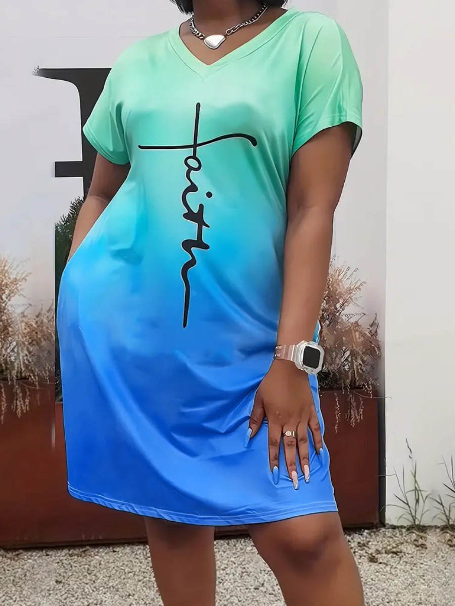 LW Plus Size Gradient Letter Print Pocket Design Dress