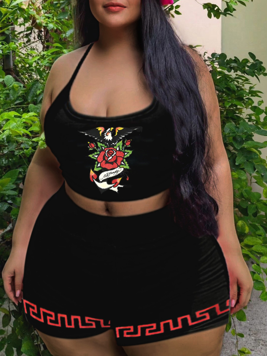 LW Plus Size Cami Floral Geometric Print Shorts Set