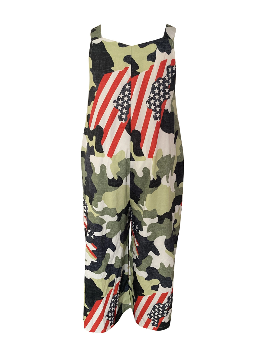 LW Plus Size American Flag Camo Print Loose Jumpsuit 1X