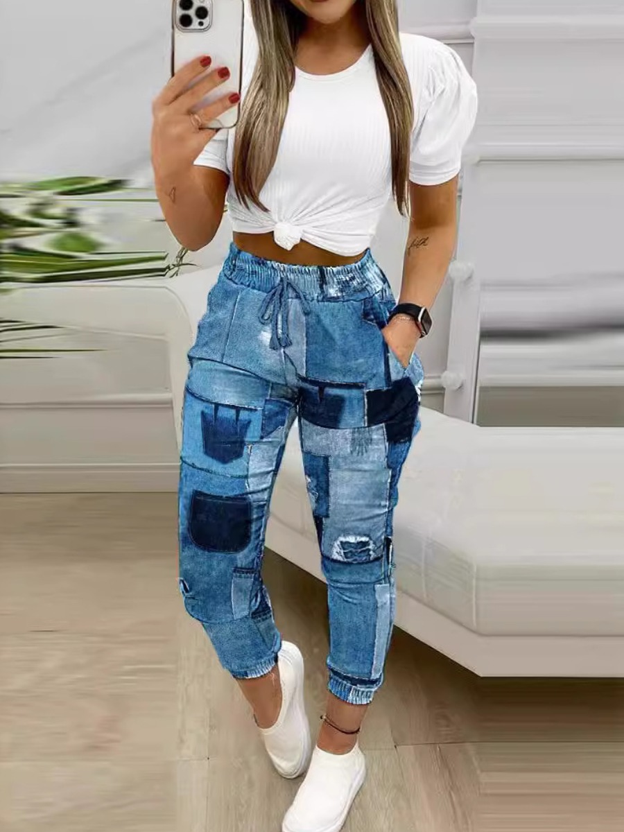 LW Plus Size Puff Sleeve Imitation Denim Drawstring Pants Set 3X