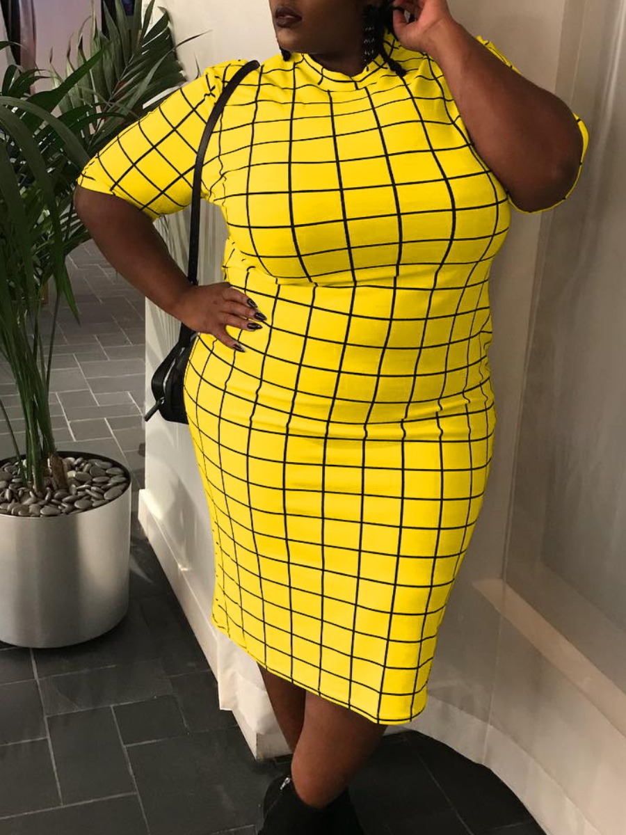 LW Plus Size Round Neck Plaid Print Bodycon Dress