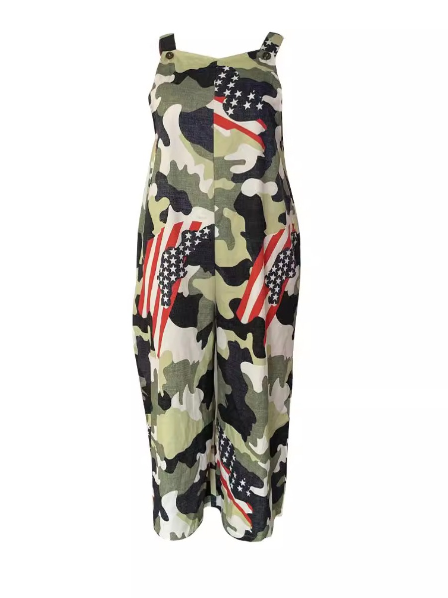 LW Plus Size American Flag Camo Print Loose Jumpsuit 1X