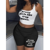 LW Crop Top Letter Print Shorts Set