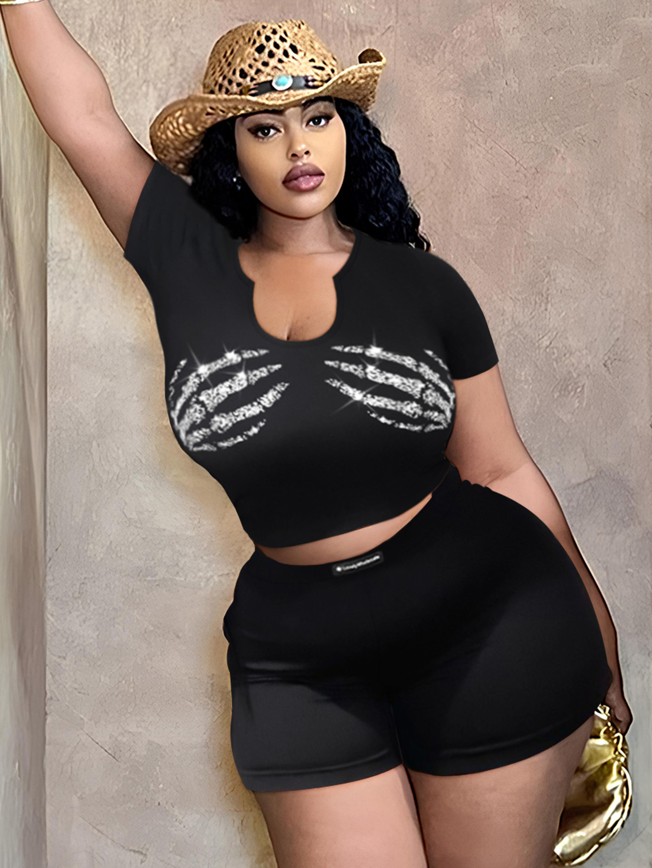 LW BASICS Plus Size Crop Top Skeleton Print Shorts Set 3X