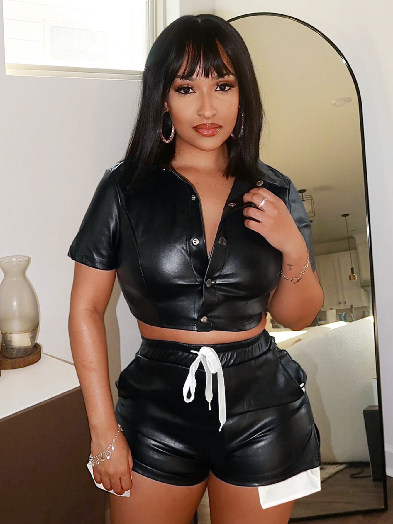 LW Faux Leather Crop Top High Stretchy Shorts Set