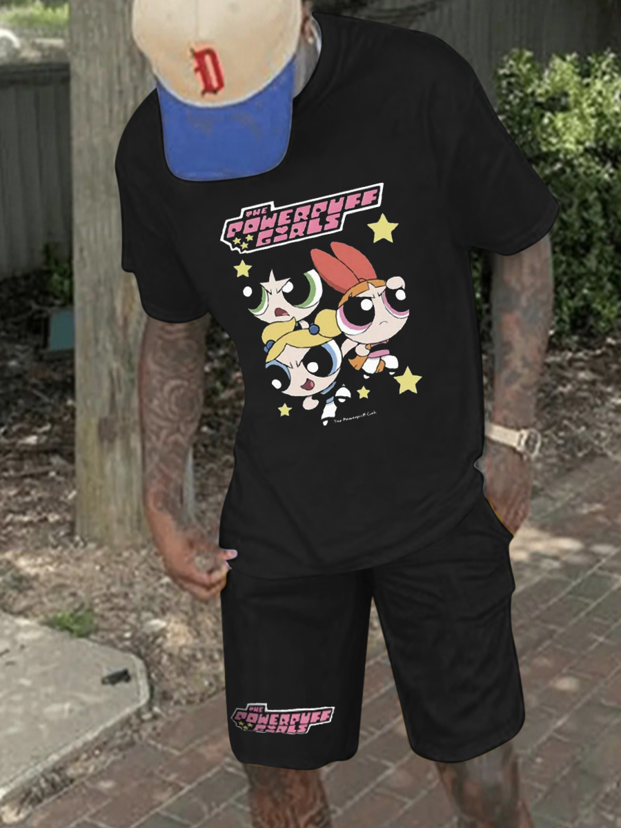 LW Men Cartoon Star Letter Print Shorts Set