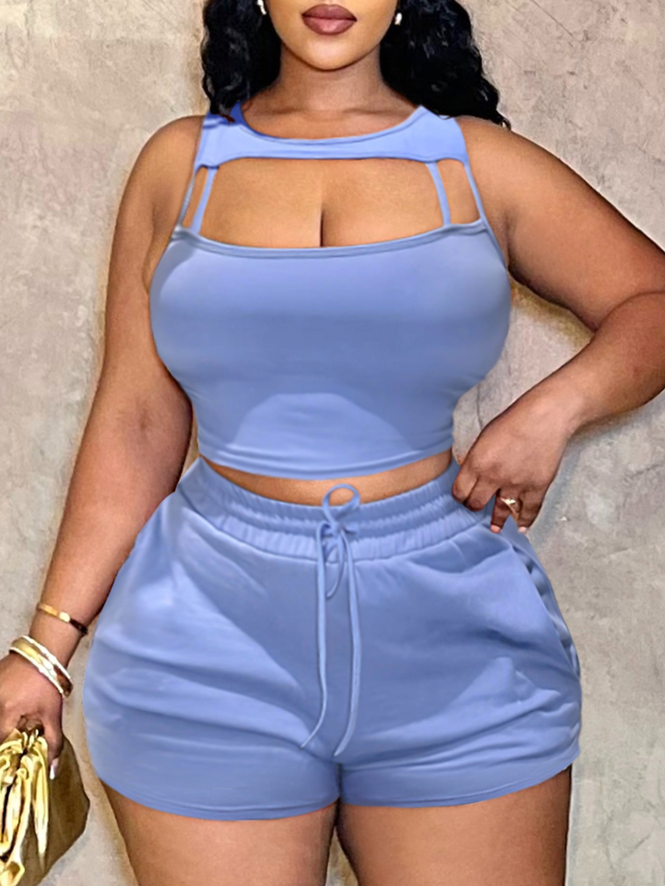 LW Plus Size Cut Out Drawstring Shorts Set