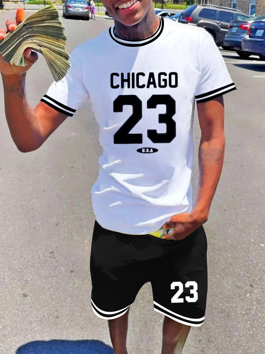 LW Men Number 23 Letter Print Striped Shorts Set