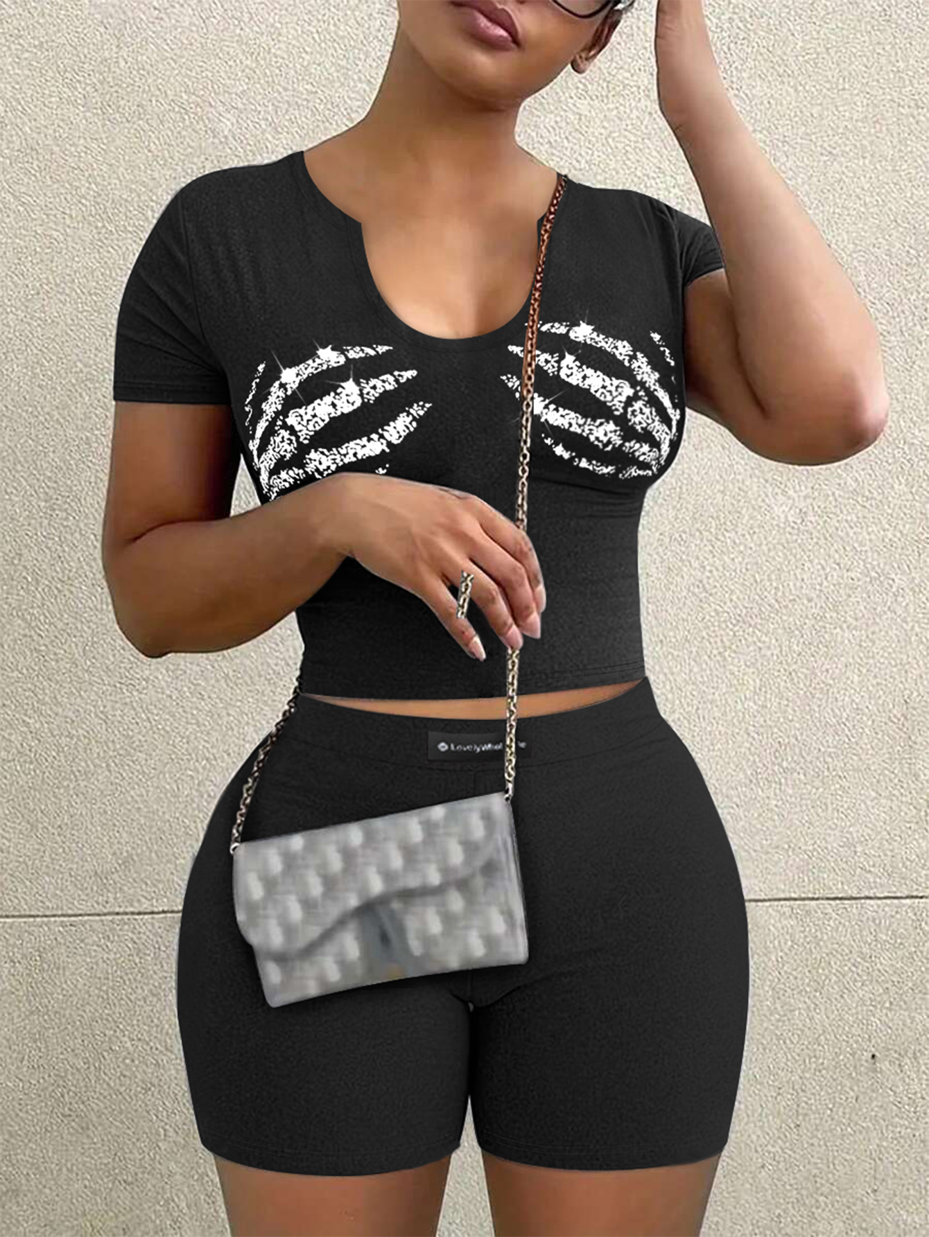 LW BASICS Plus Size Crop Top Skeleton Print Shorts Set 3X