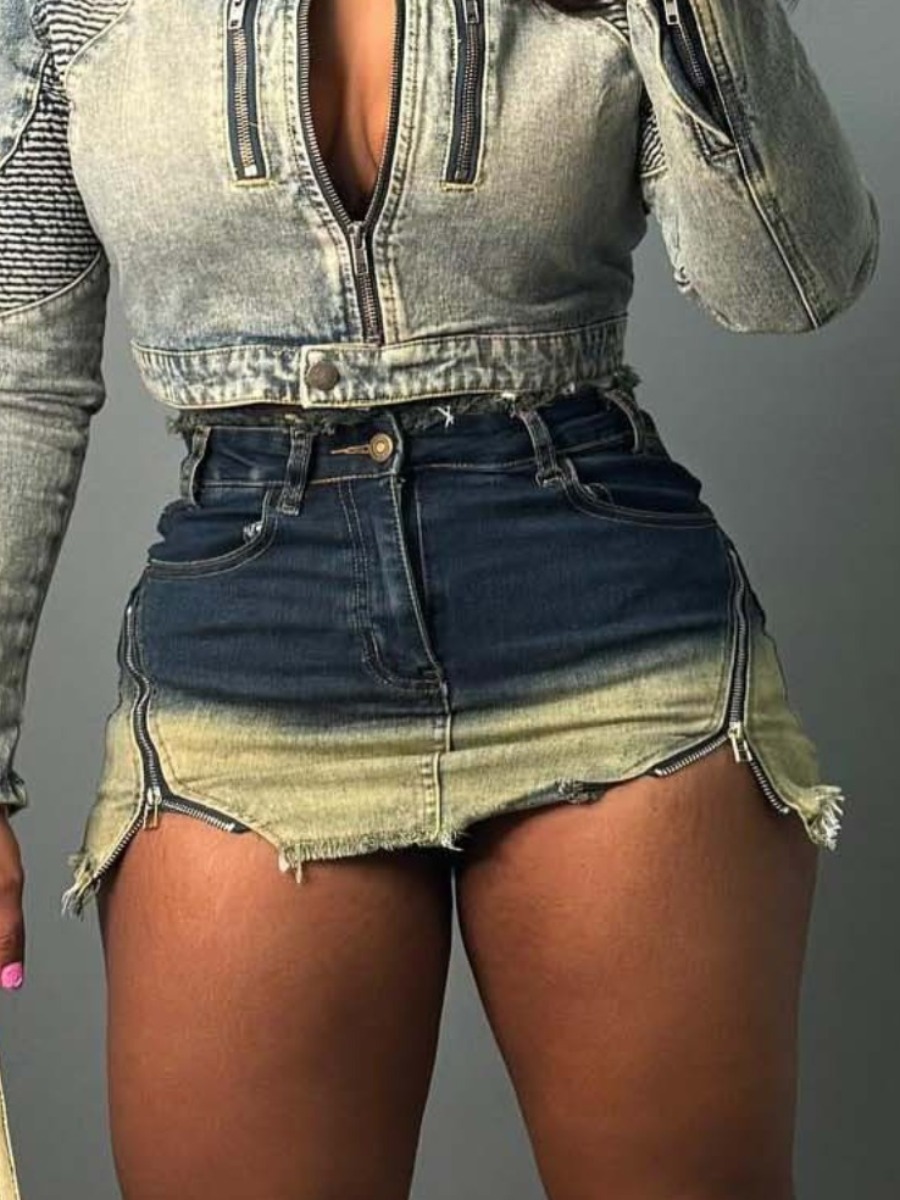 LW Gradient Zipper Design Raw Edge Denim Skirt