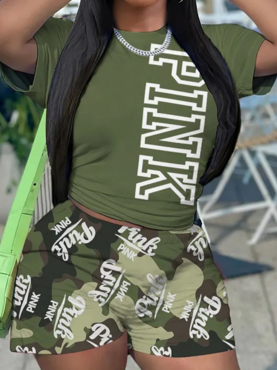 LW Letter Camo Print Shorts Set