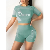 LW Crop Top Crown Queen Letter Print Shorts Set