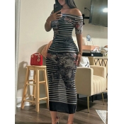 LW Off The Shoulder Mixed Print Striped Skirt Set