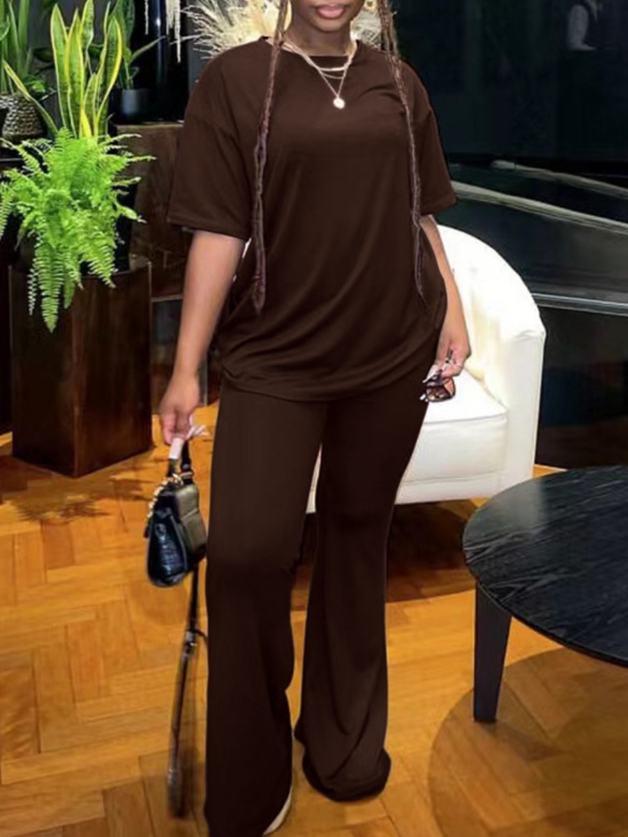 LW BASICS Round Neck Plain Flared Pants Set