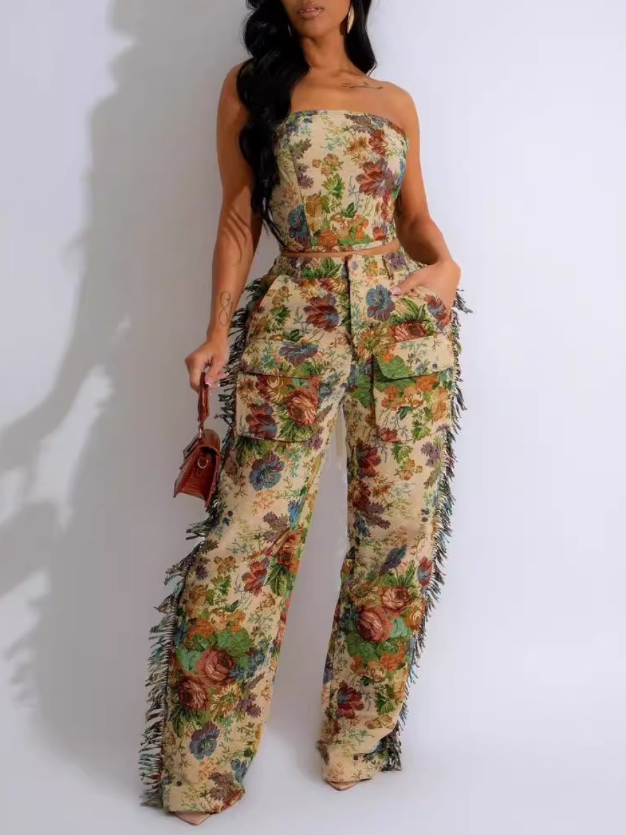 LW Floral Print Tassel Bandage Design Pants Set