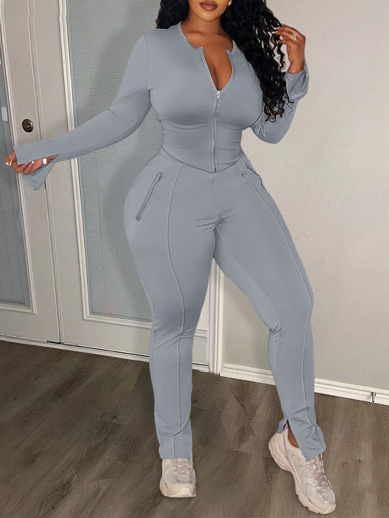 LW Plus Size Zipper Pocket Design Skinny Pants Set