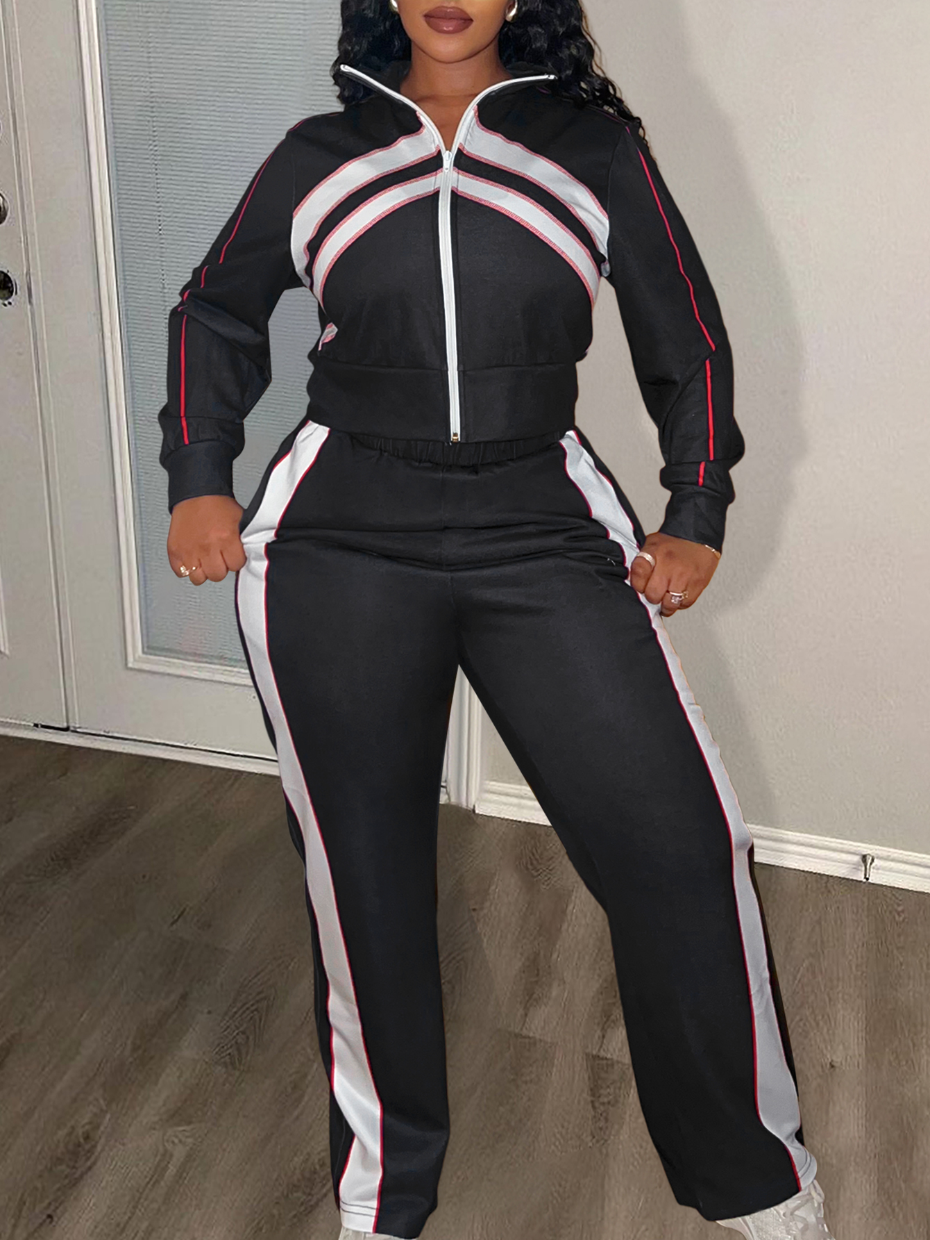LW Plus Size Pocket Design Striped Pants Set