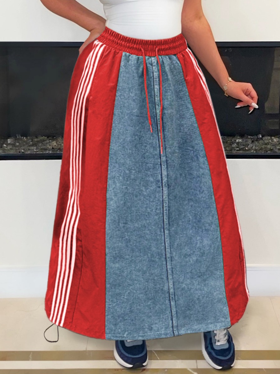 LW Patchwork Striped Micro Elasticity Denim Skirts