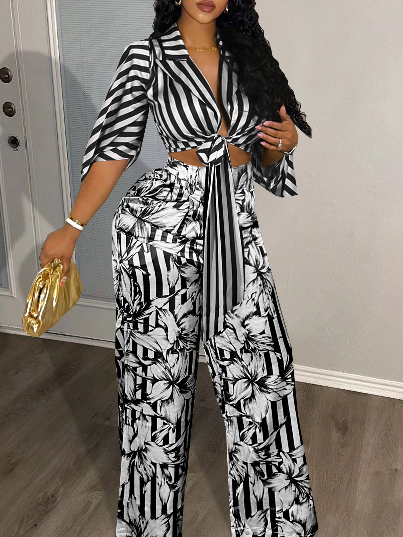 LW BASICS Plus Size Color Contrast Two-piece Pants Set
