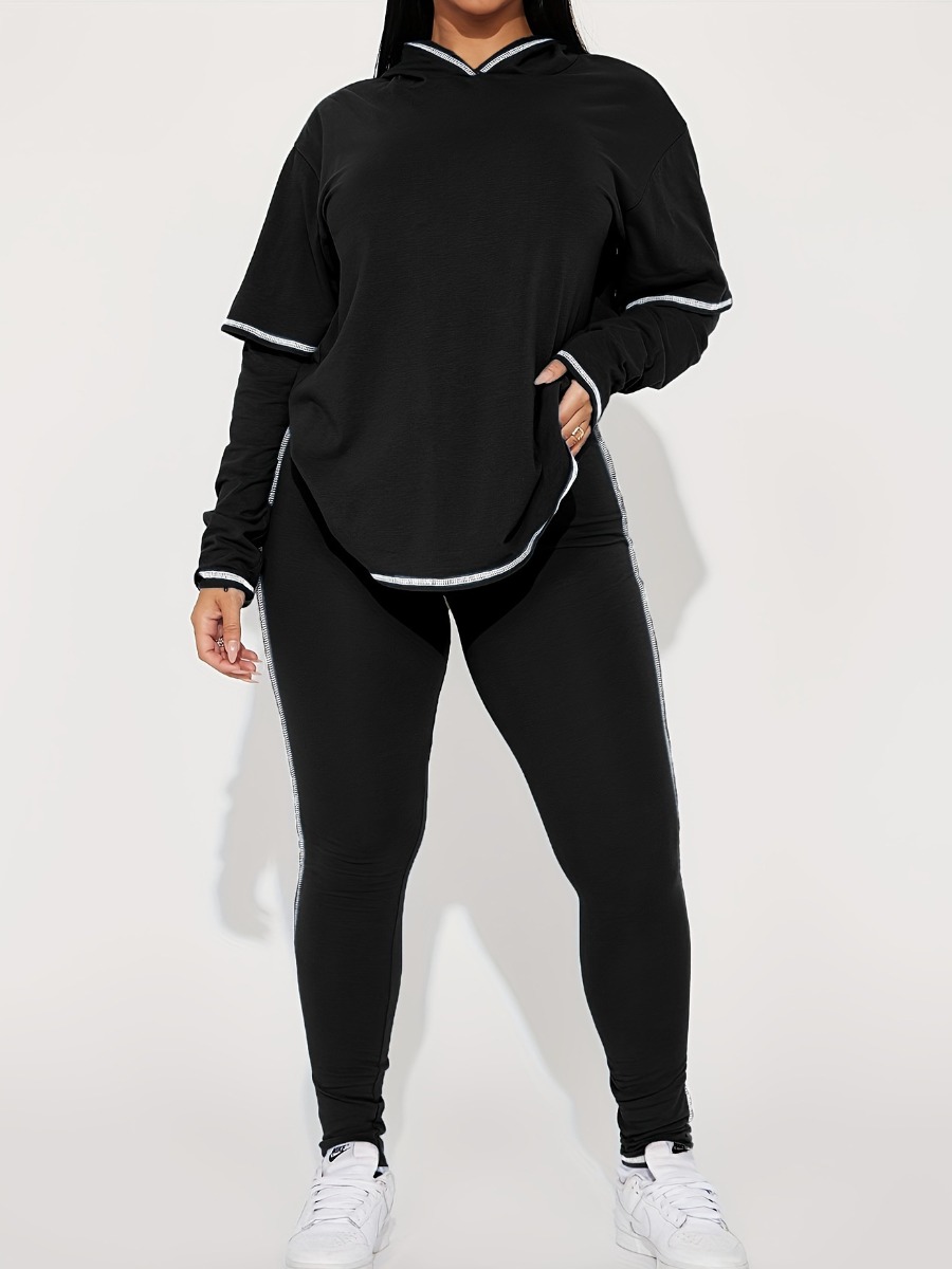 LW BASICS Casual Polyester Hooded Collar Solid Color Long Sleeve Two-piece Pants Set