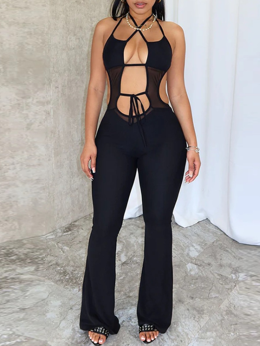 LW SXY Bandage Design Solid Color Jumpsuit