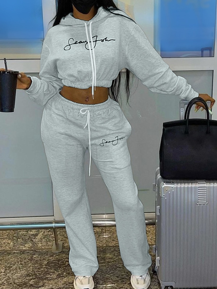LW Casual Polyester Hooded Collar Pattern Letter Long Sleeve Two-piece Pants Set