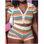 LW Vacation Polyester V Neck Pattern Striped Short