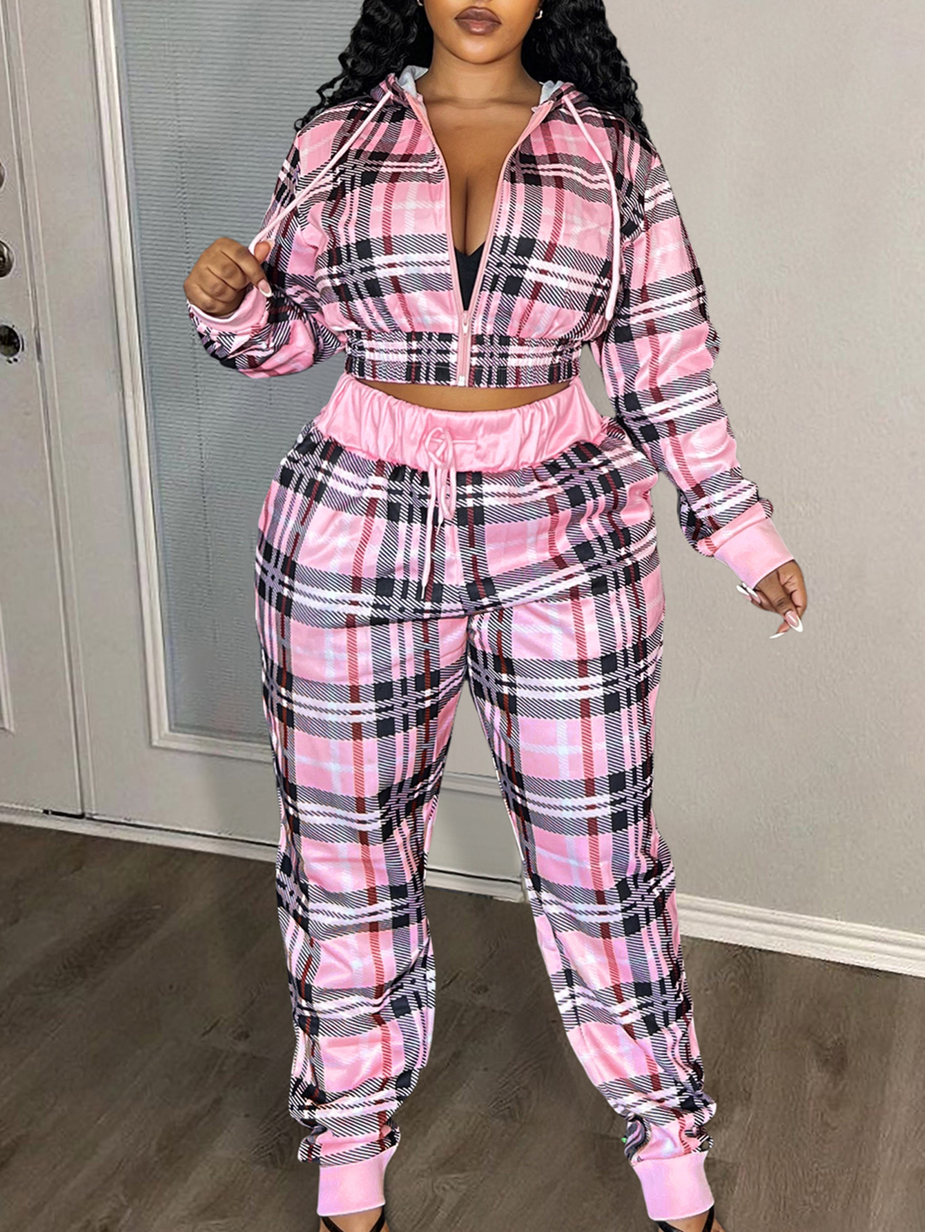 LW BASICS Plus Size Large Plaid Two-piece Pants Set