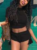 LW BASICS Casual Polyester Round Neck Bandage Design Solid Color Short Sleeve Two-piece Shorts Set