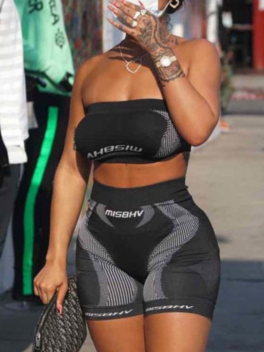 LW Casual Polyester Strapless Pattern Letter Geometric Sleeveless Two-piece Shorts Set