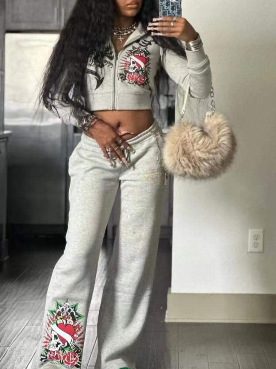 LW Street Polyester Hooded Collar Pattern Mixed Print Letter Long Sleeve Two-piece Pants Set
