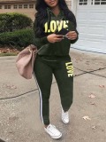 LW Casual Polyester Hooded Collar Pattern Letter Print Long Sleeve Two-piece Pants Set