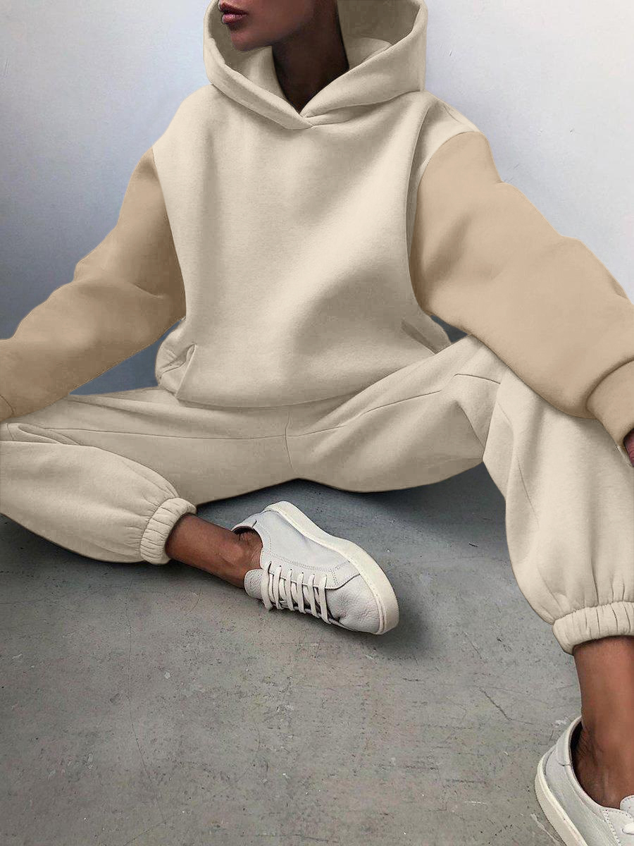 LW BASICS Plus Size Hooded Collar Kangaroo Pocket Loose Tracksuit Set
