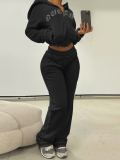 LW BASICS Casual Sweat Hooded Collar Letter Long Sleeve Two-piece Pants Set