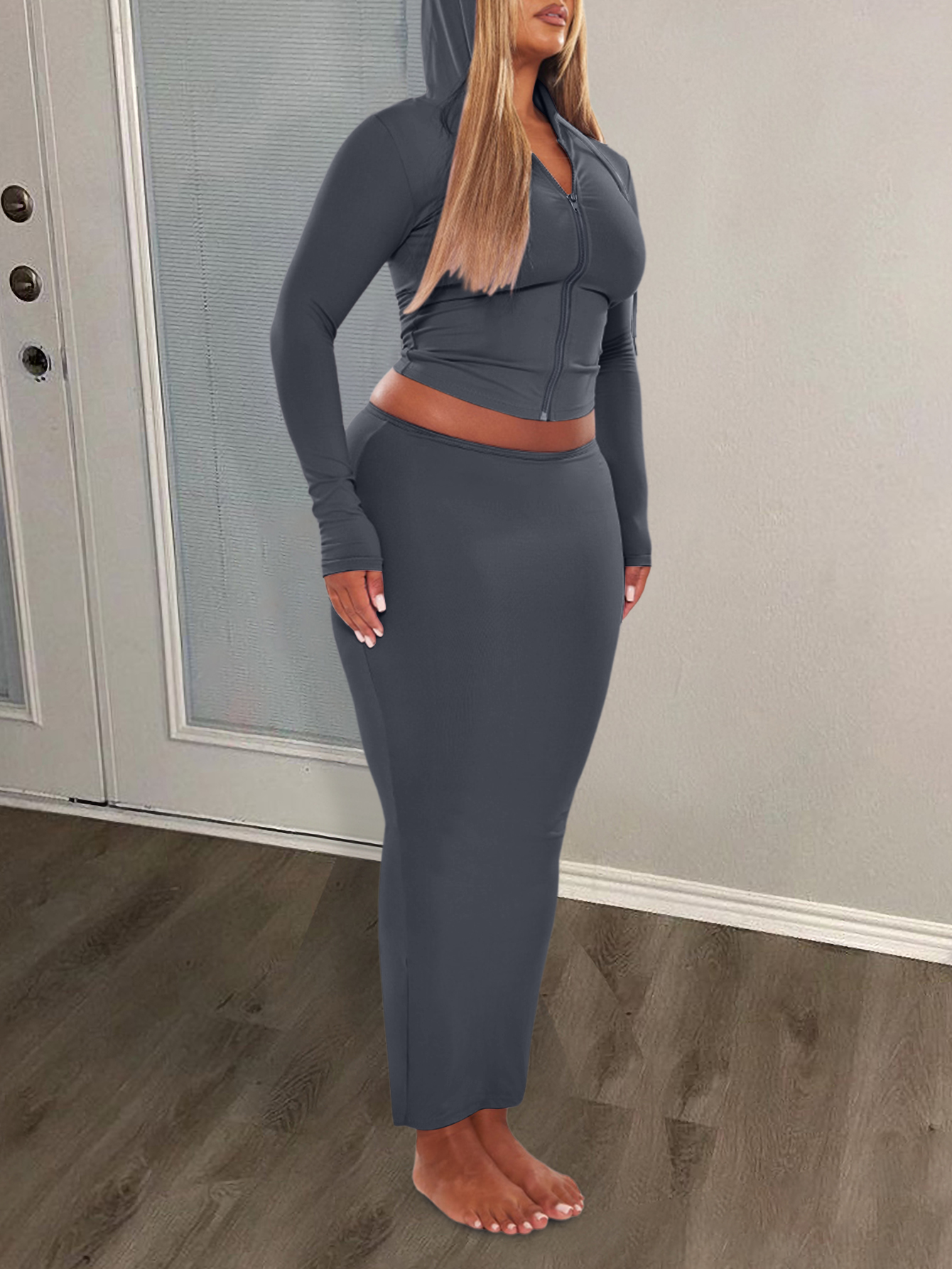 LW Casual Polyester Hooded Collar Zipper Design Solid Color Long Sleeve Two-piece Skirt Set