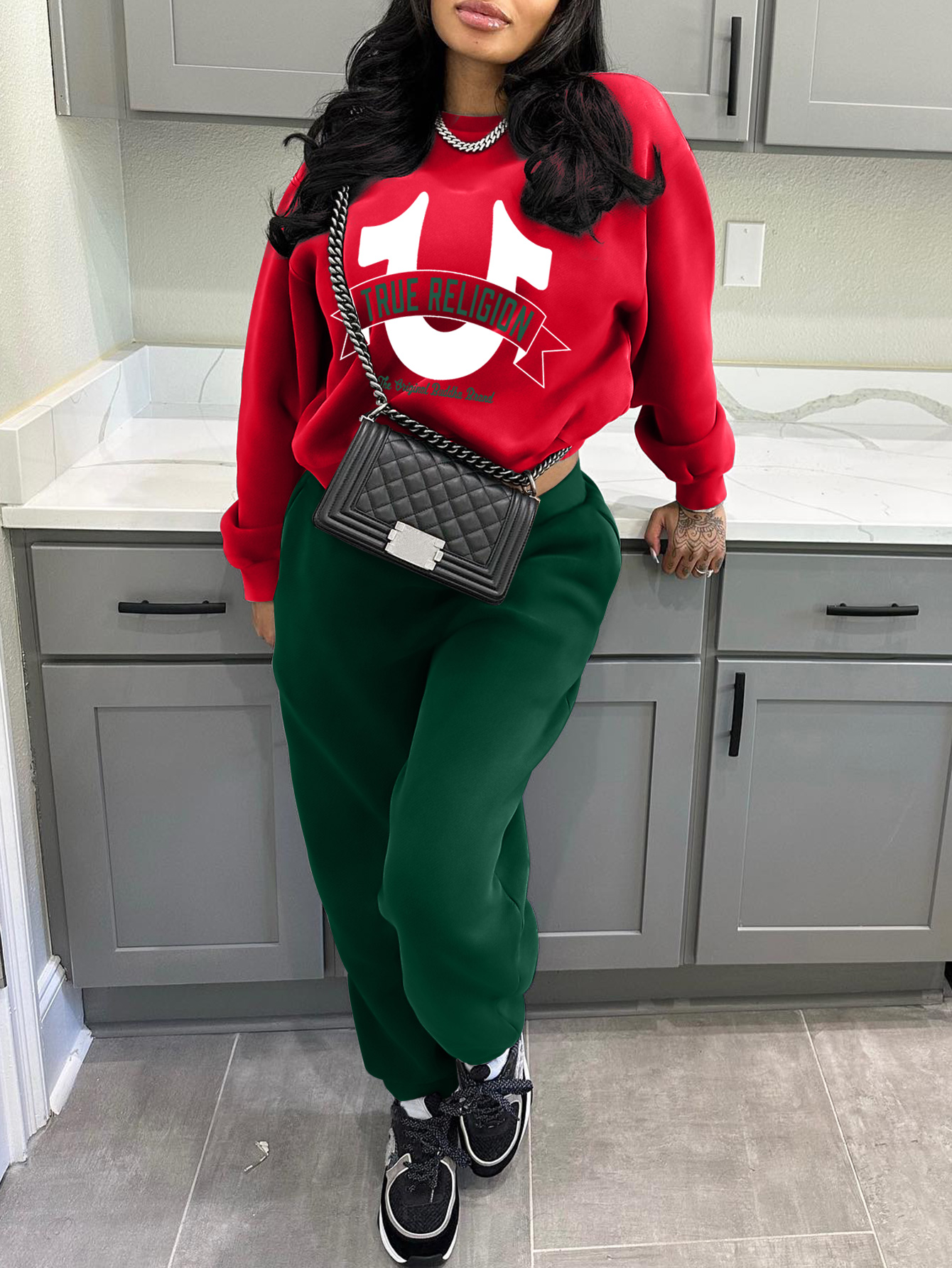 LW Casual Sweat Round Neck Pattern Letter Long Sleeve Two-piece Pants Set