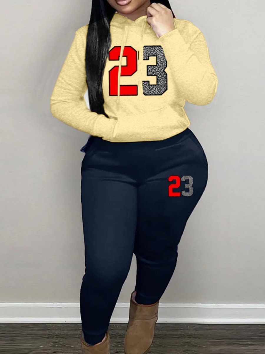 LW Casual Polyester Hooded Collar Drawstring Print Long Sleeve Two-piece Pants Set