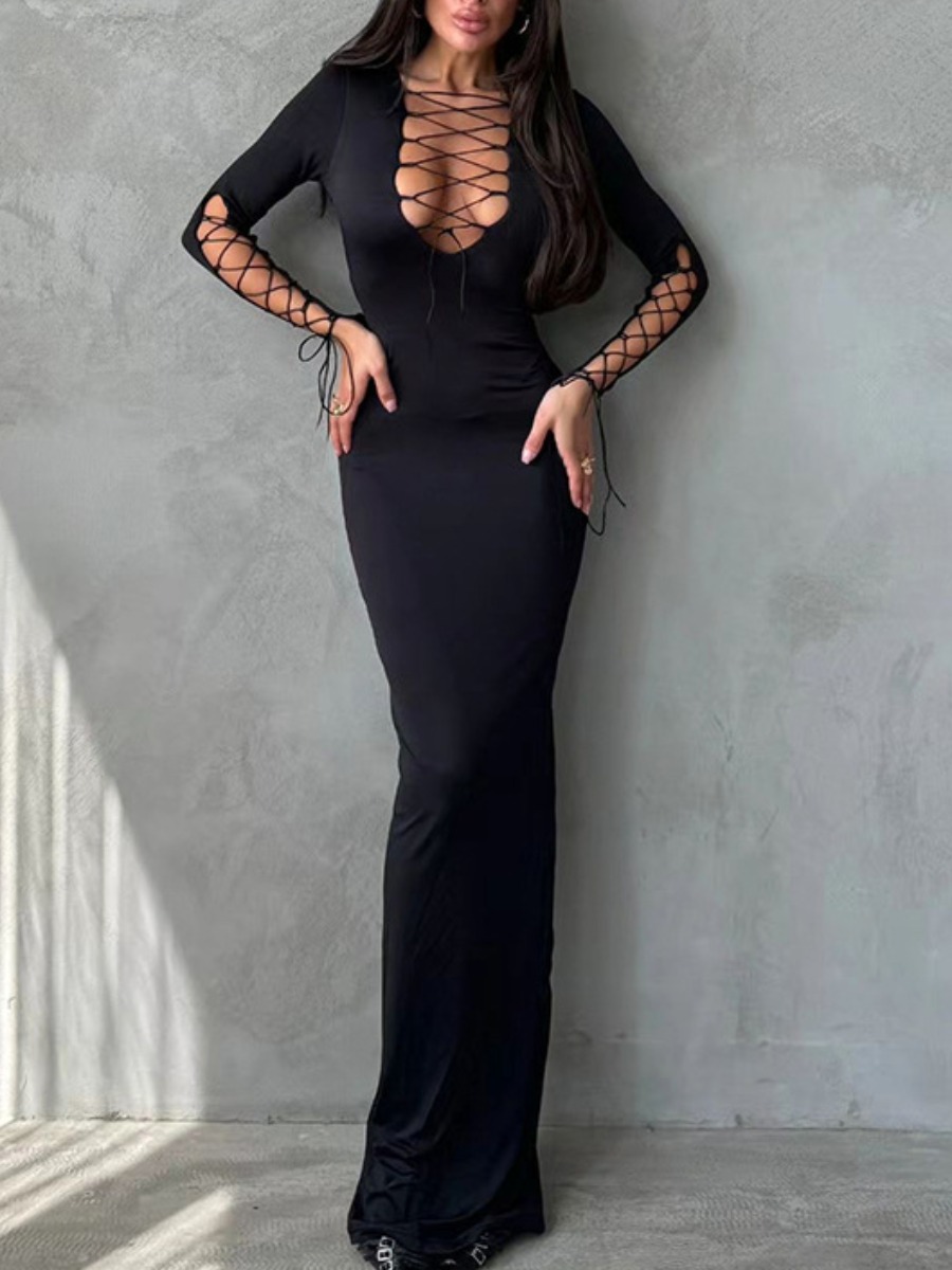 LW SXY Bandage Design Solid Color Maxi Dress