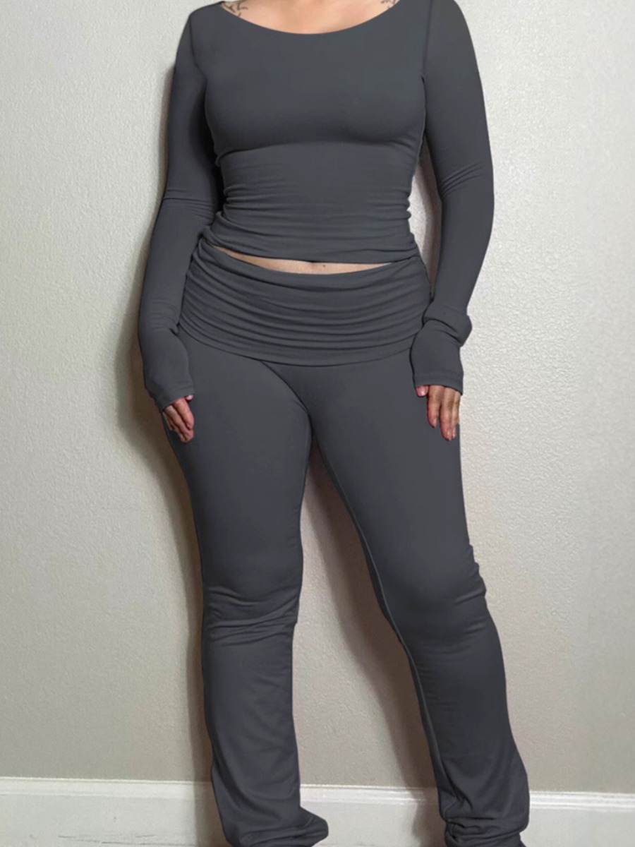 LW BASICS Casual Polyester U Neck Solid Color Long