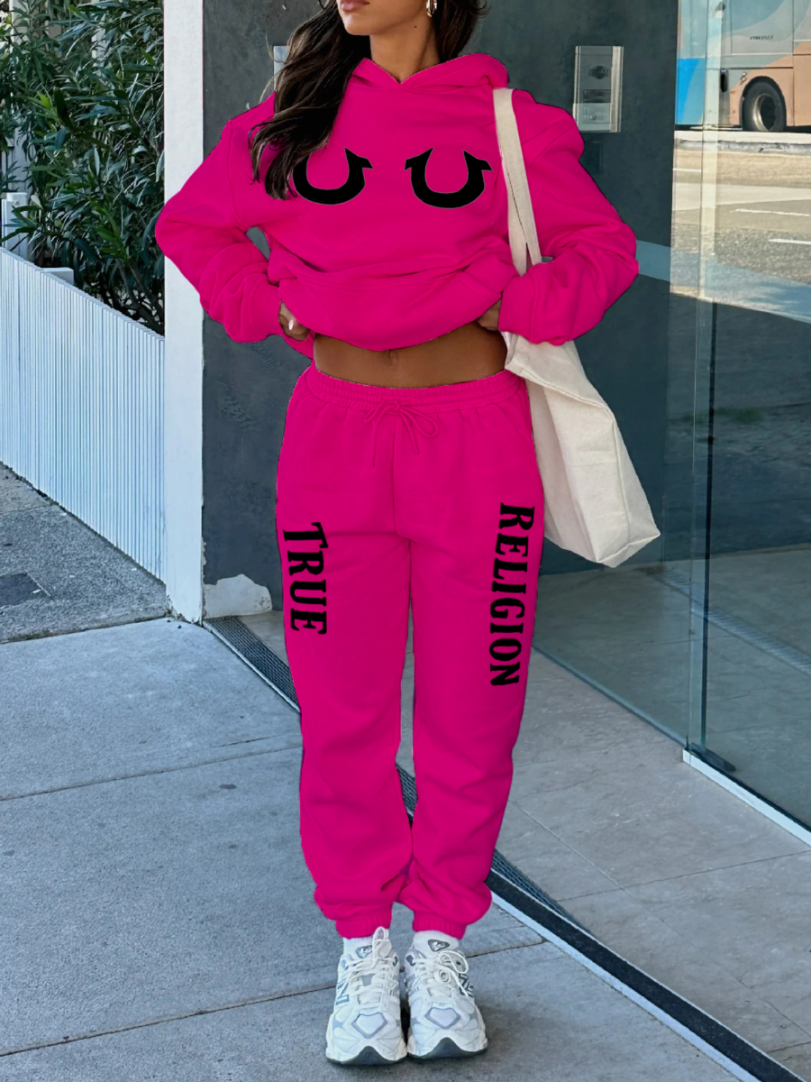LW Street Polyester Hooded Collar Pattern Letter Print Long Sleeve Two-piece Pants Set