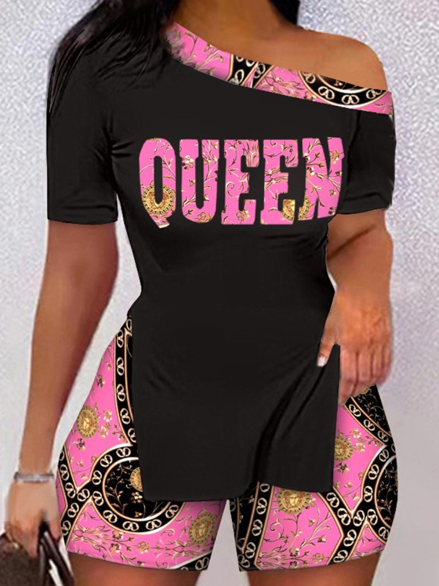 LW Casual Polyester One Shoulder Pattern Letter Short Sleeve Two-piece Shorts Set