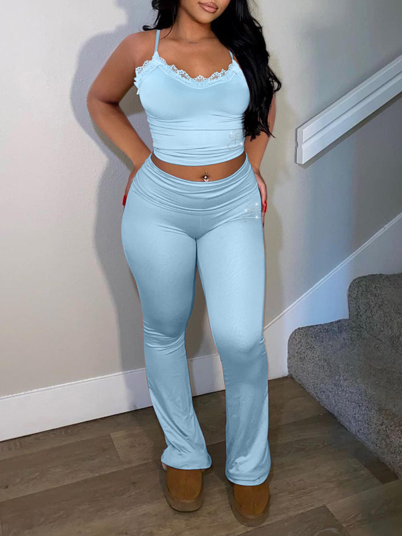 LW Casual Polyester U Neck Hot Drilling Letter Sleeveless Two-piece Pants Set