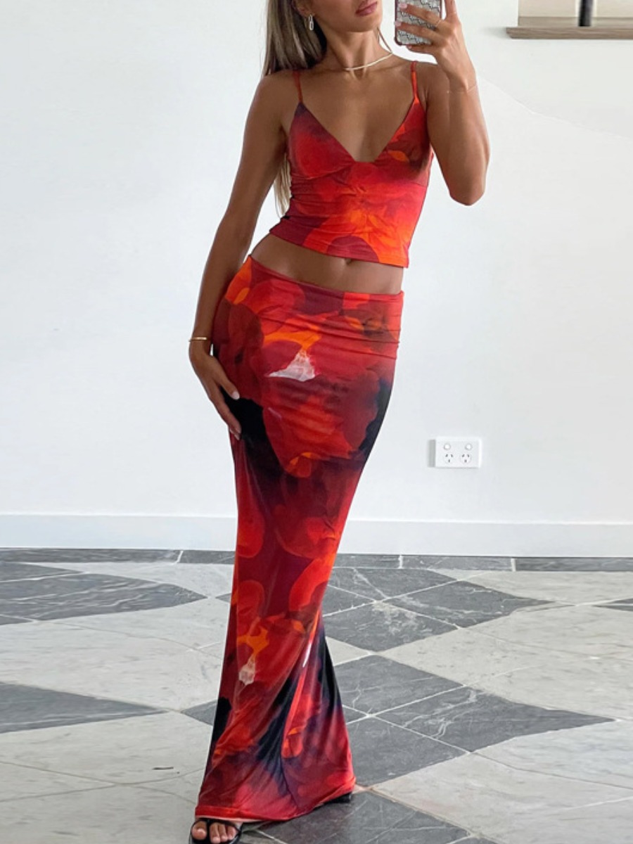 LW Vacation Polyester V Neck Pattern Medium Flower Print Sleeveless Two-piece Skirt Set
