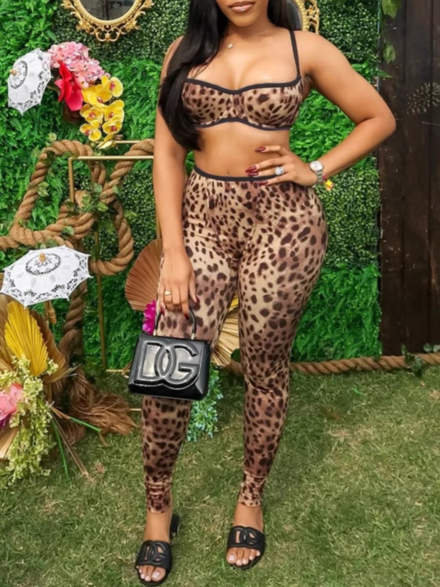 LW SXY Sxy Polyester Square Collar Pattern Leopard Print Sleeveless Leopard Two-piece Pants Set