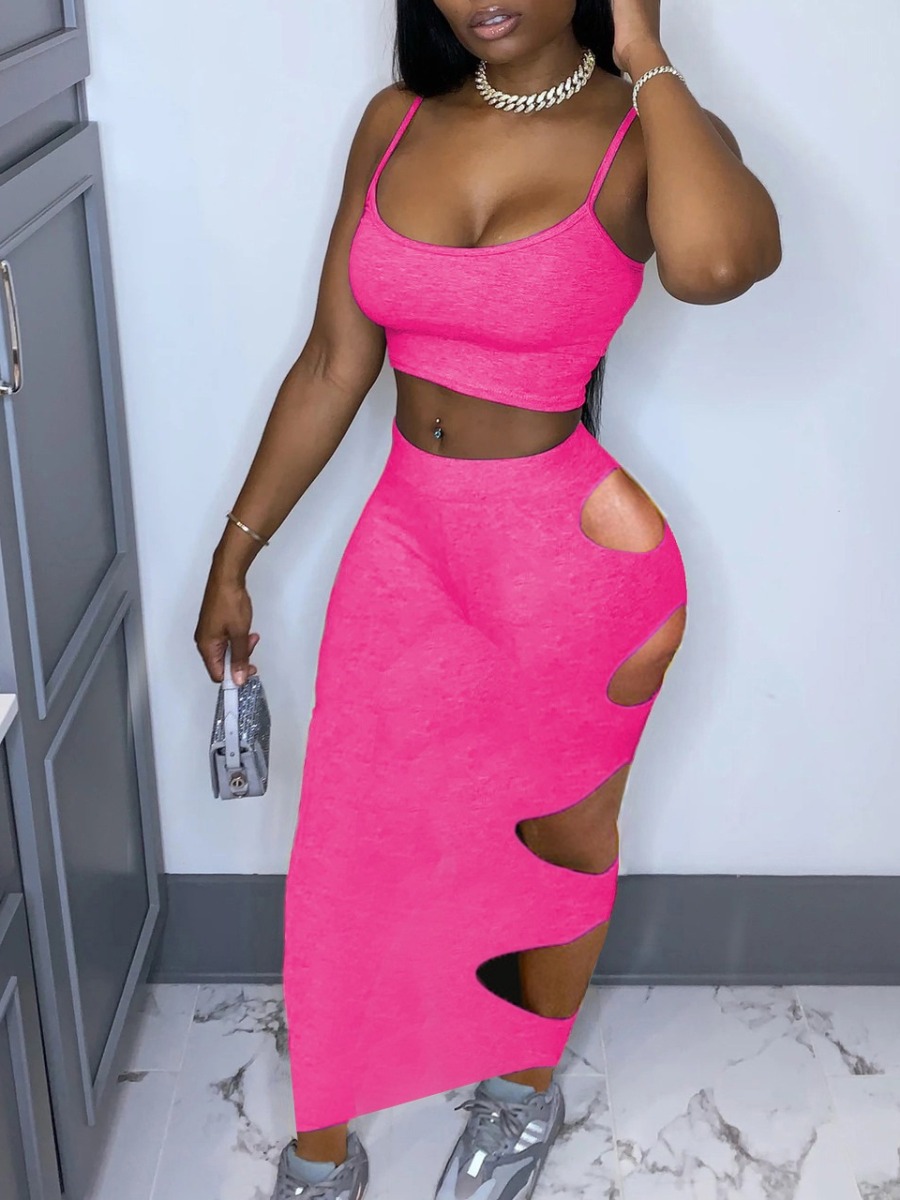 LW SXY Sxy Polyester U Neck Cut Out Solid Color Sleeveless Two-piece Skirt Set