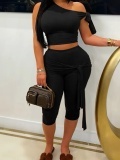 LW Casual Polyester One Shoulder Bandage Design Solid Color Sleeveless Two-piece Pants Set