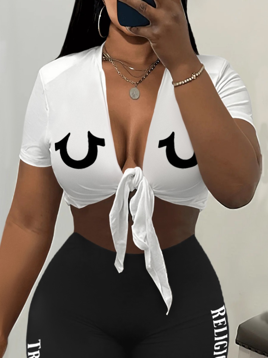LW Street Polyester V Neck Pattern Letter Short Sleeve Two-piece Shorts Set